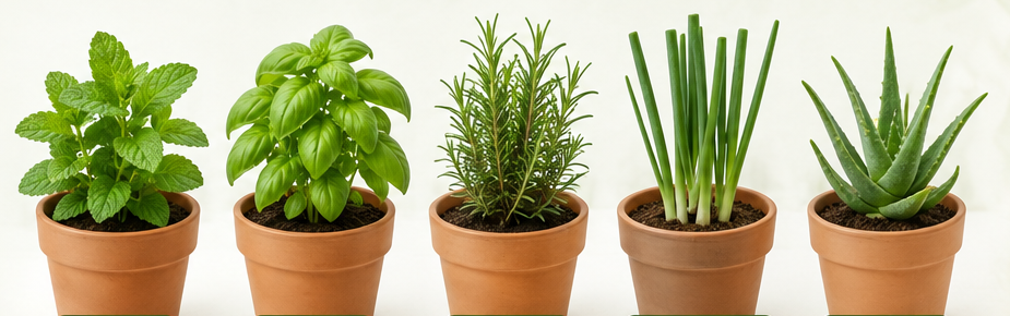 Five useful plants in small pots: mint, basil, rosemary, green onions and aloe vera