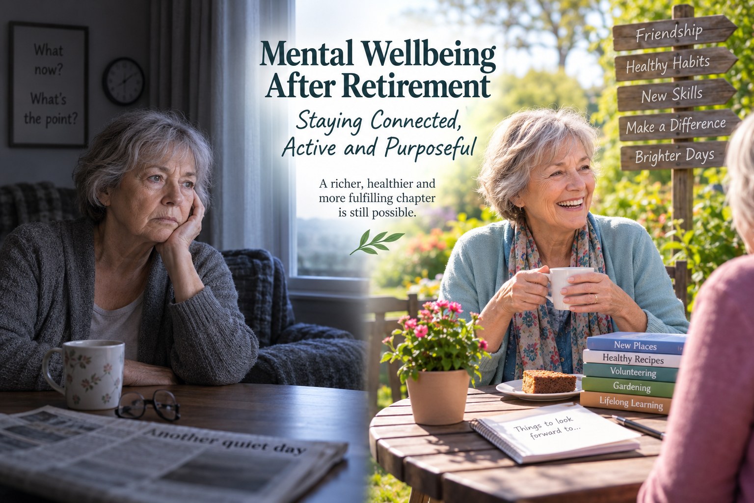 A visual contrast between a quiet, isolated retirement day and an older adult enjoying friendship, activities and a sense of purpose