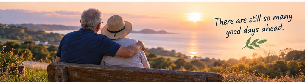 An older couple sitting together on a bench looking across a peaceful sunset