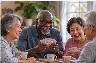 A multiracial group of older adults laughing together while playing cards