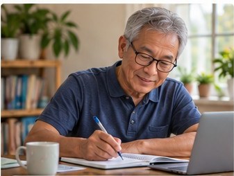 An older man learning and writing at a desk with a laptop