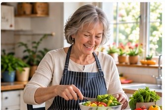 An older woman preparing a colourful healthy meal in a bright kitchen