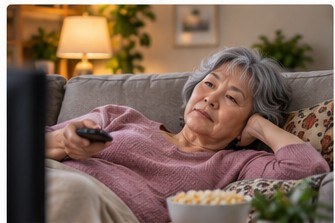 An older woman relaxing on a couch watching television during a quiet day