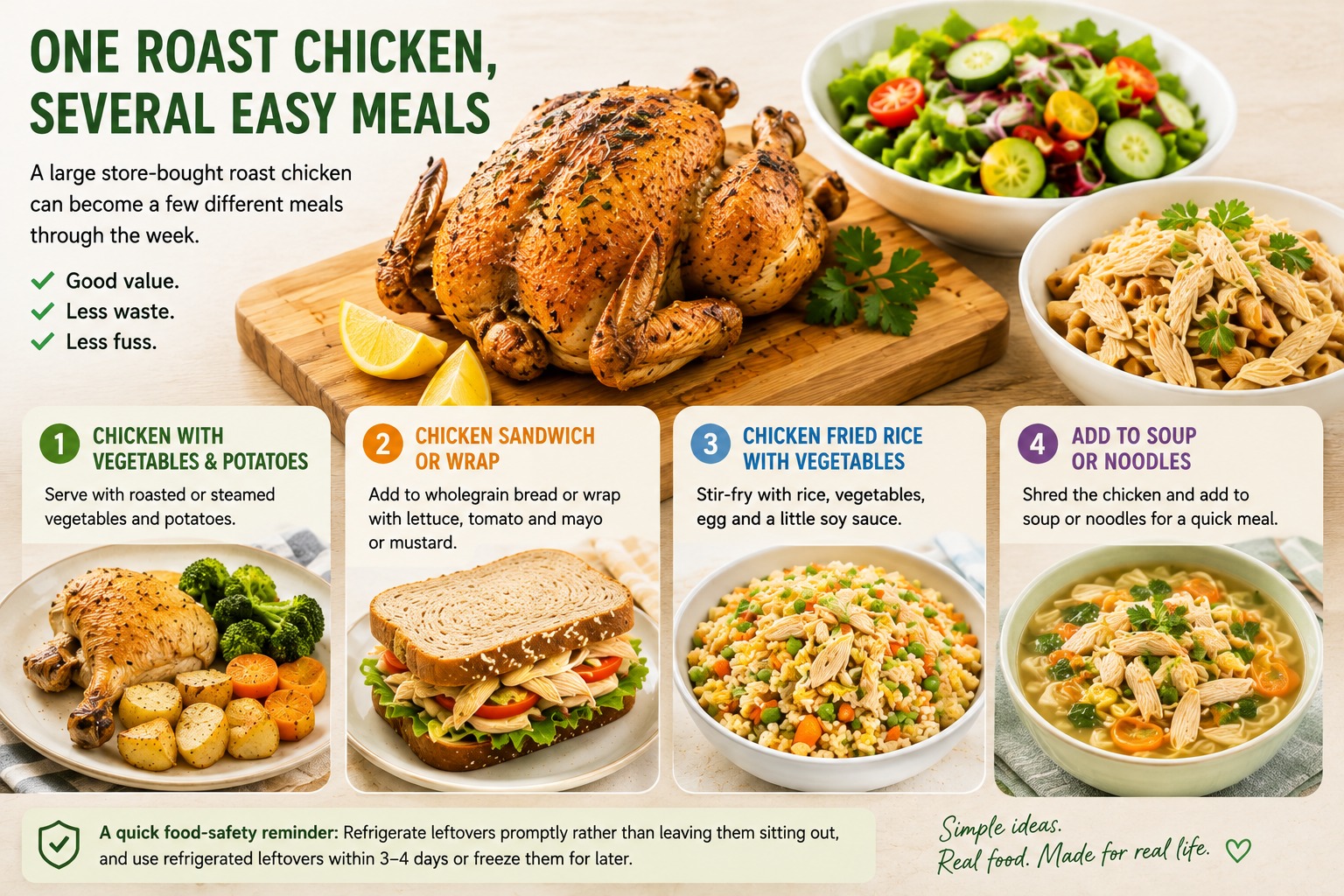 One roast chicken shown as four easy meal ideas: with vegetables and potatoes, in a sandwich or wrap, in fried rice, and added to soup or noodles